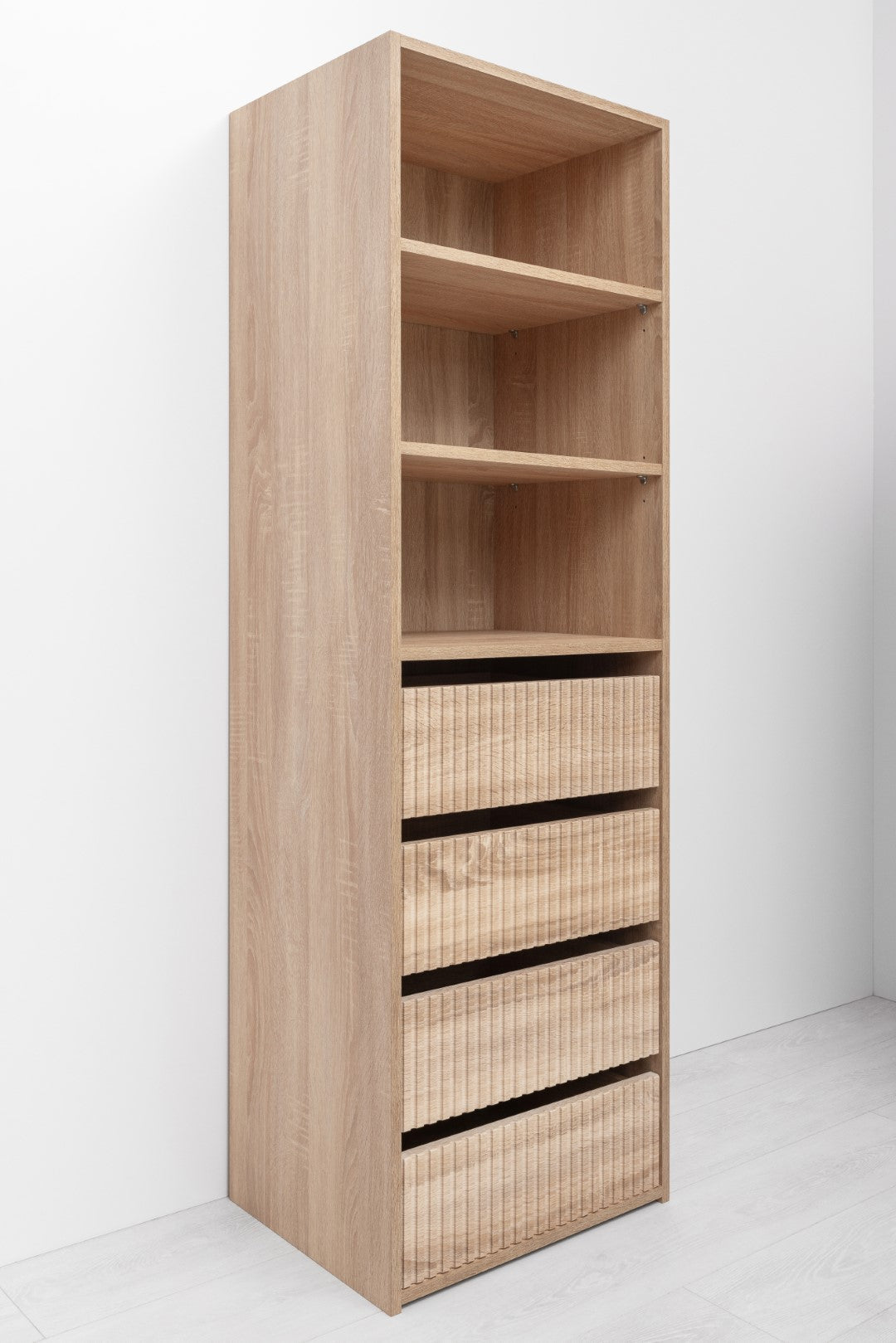 Geneva Built In Wardrobe - 4 Drawer 3 Shelf Module - Fluted - Natural Oak