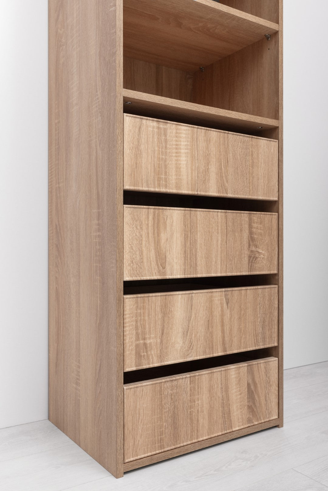 Geneva Built In Wardrobe - 4 Drawer 3 Shelf Module - Slim Shaker Panel - Natural Oak