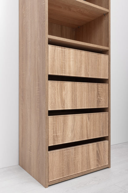 Geneva Built In Wardrobe - 4 Drawer 3 Shelf Module - Slim Shaker Panel - Natural Oak