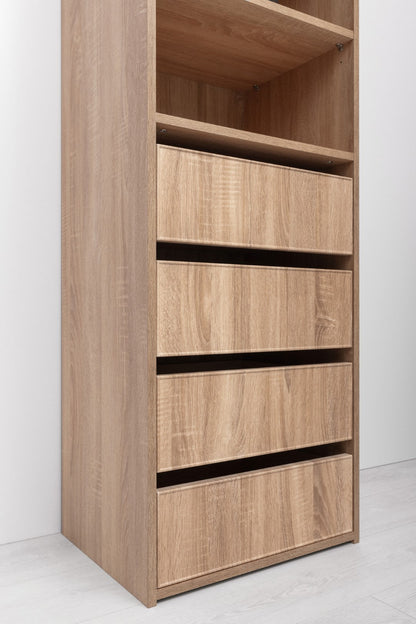 Geneva Built In Wardrobe - 4 Drawer 3 Shelf Module - Slim Shaker Panel - Natural Oak