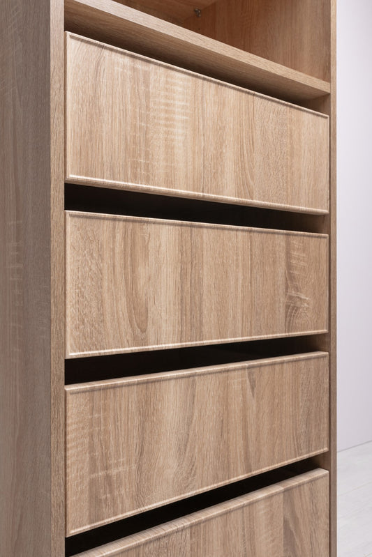 Geneva Built In Wardrobe - 4 Drawer 3 Shelf Module - Slim Shaker Panel - Natural Oak