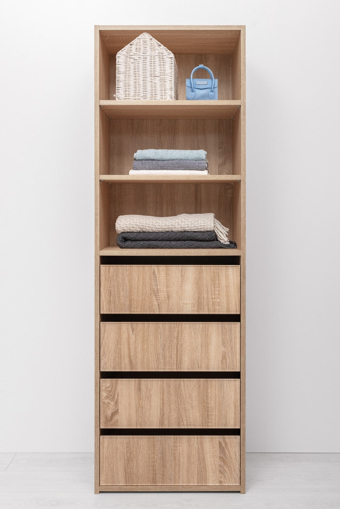 Geneva Built In Wardrobe - 4 Drawer 3 Shelf Module - Slim Shaker Panel - Natural Oak