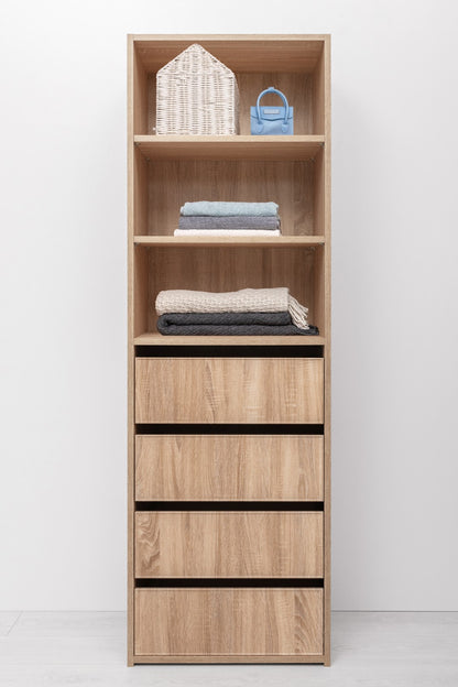 Geneva Built In Wardrobe - 4 Drawer 3 Shelf Module - Slim Shaker Panel - Natural Oak