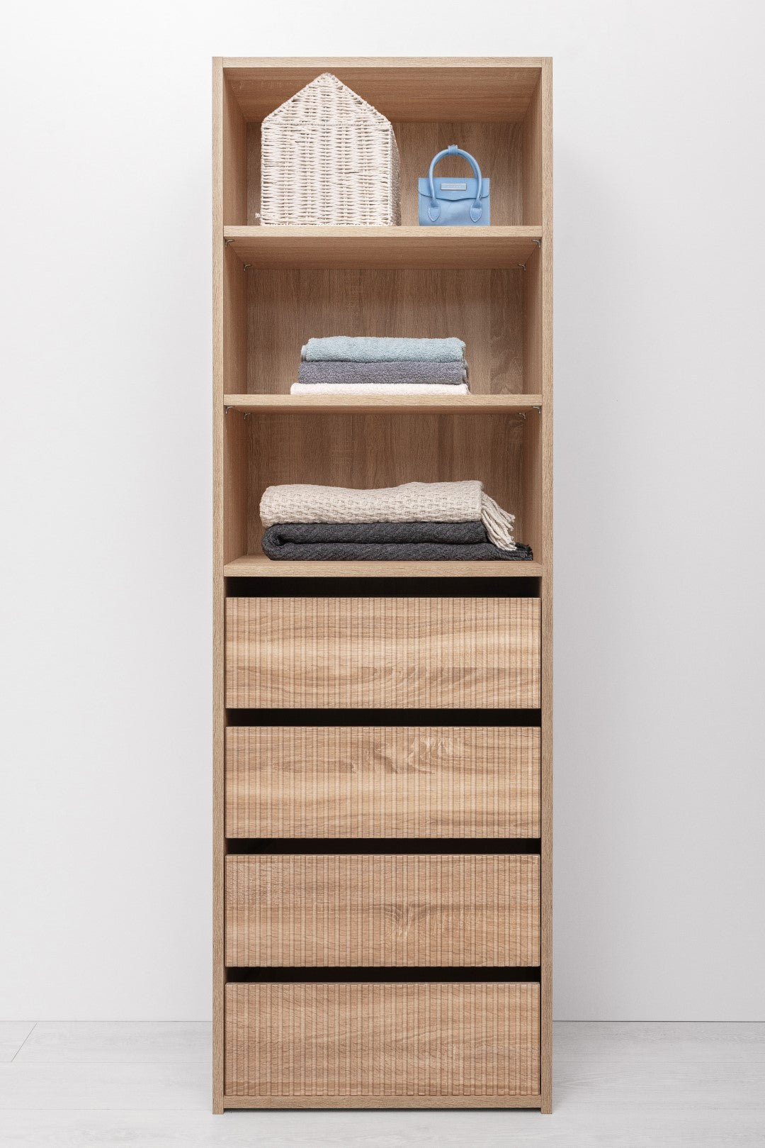 Geneva Built In Wardrobe - 4 Drawer 3 Shelf Module - Fluted - Natural Oak