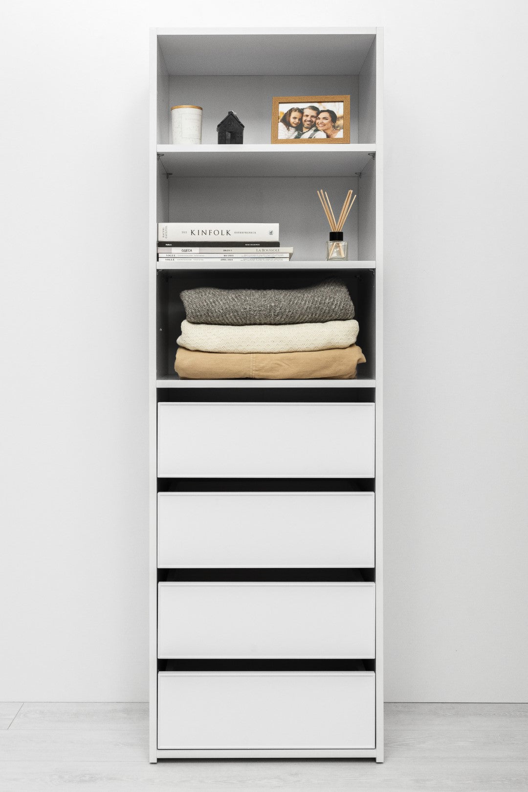 Geneva Built In Wardrobe - 4 Drawer 3 Shelf Module - Slim Shaker Panel - White