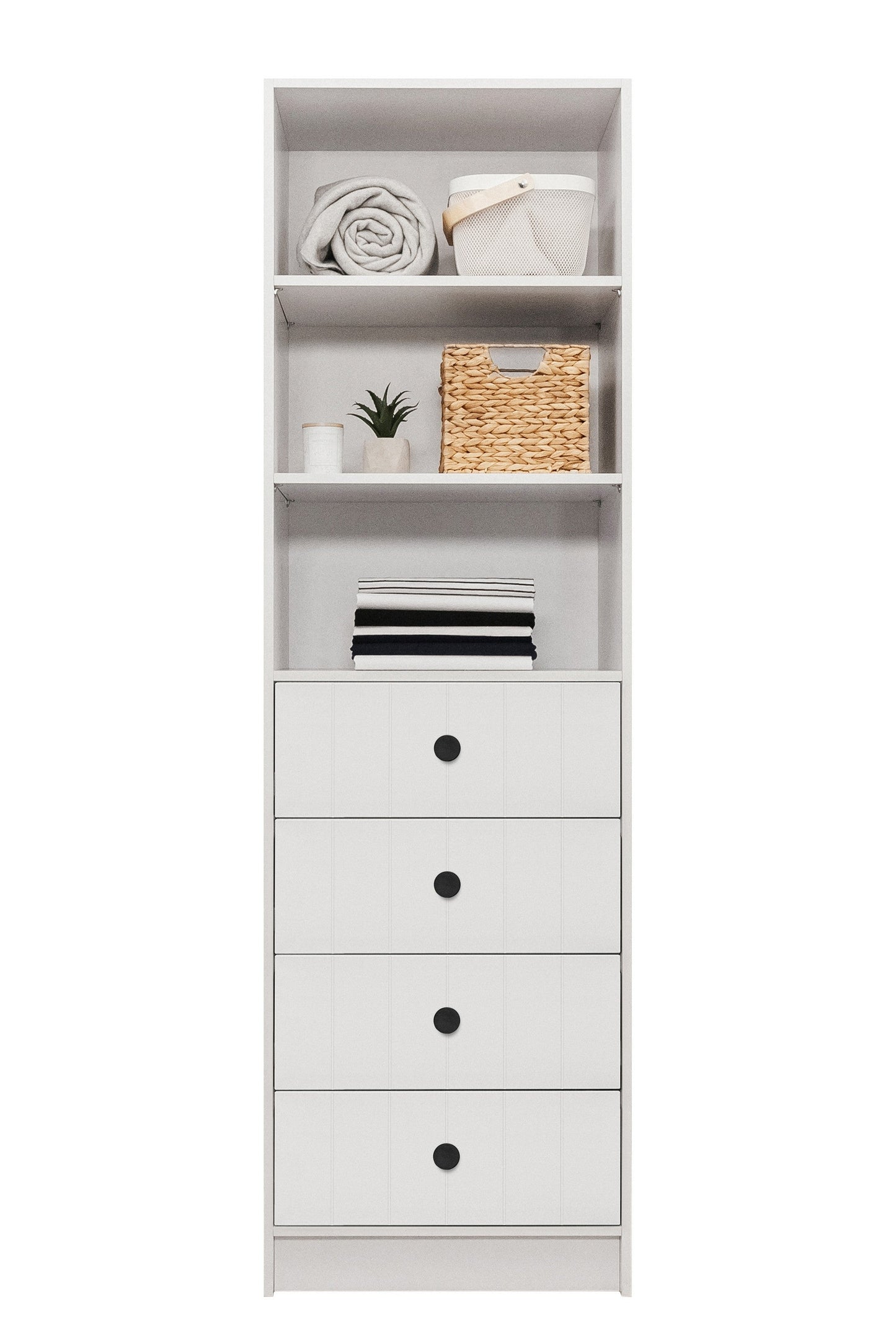 MALMO 3 SHELF 4 DRAWER WALK IN WARDROBE  - WHITE - VJ PANEL - ROUND BLACK