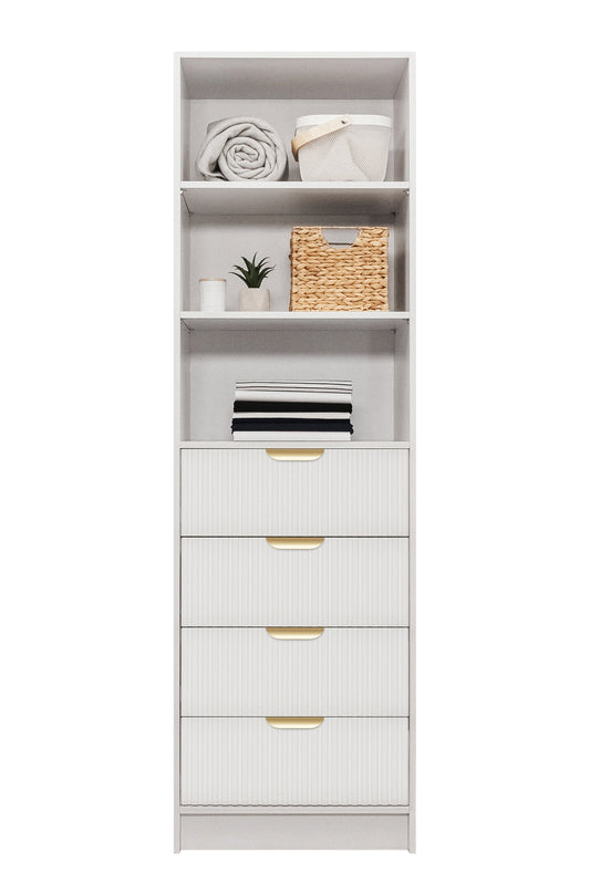 MALMO 3 SHELF 4 DRAWER WALK IN WARDROBE  - WHITE - FLUTED - PULL BRASS