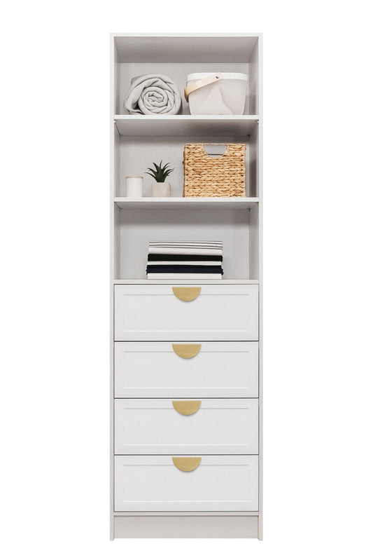MALMO 3 SHELF 4 DRAWER WALK IN WARDROBE  - WHITE - HAMPTONS - HALF MOON BRASS