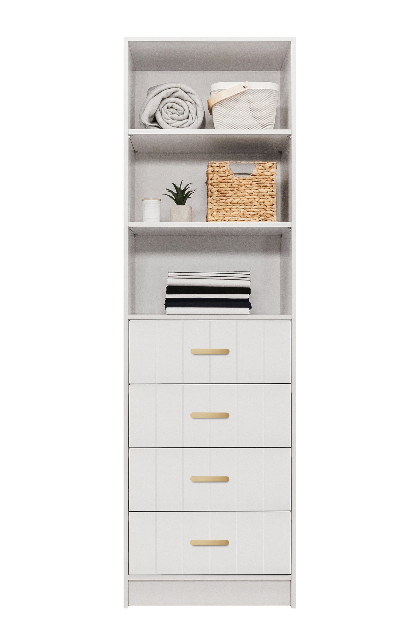 MALMO 3 SHELF 4 DRAWER WALK IN WARDROBE  - WHITE - VJ PANEL - OVAL BRASS