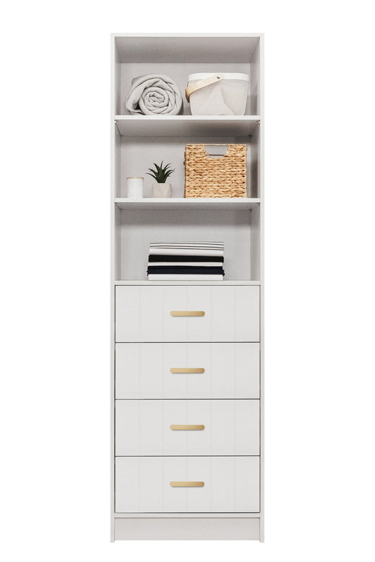 MALMO 3 SHELF 4 DRAWER WALK IN WARDROBE  - WHITE - VJ PANEL - OVAL BRASS