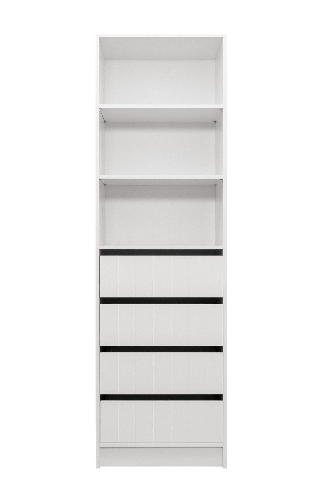 Malmo Walk In Wardrobe - 4 Drawer 3 Shelf Module - VJ Panel - White