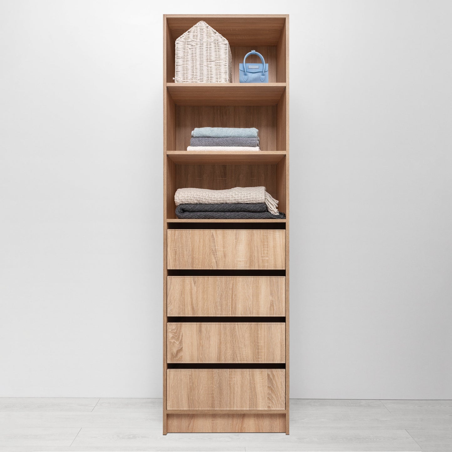 Malmo Walk In Wardrobe - 4 Drawer 3 Shelf Module - Slim Shaker - Natural Oak