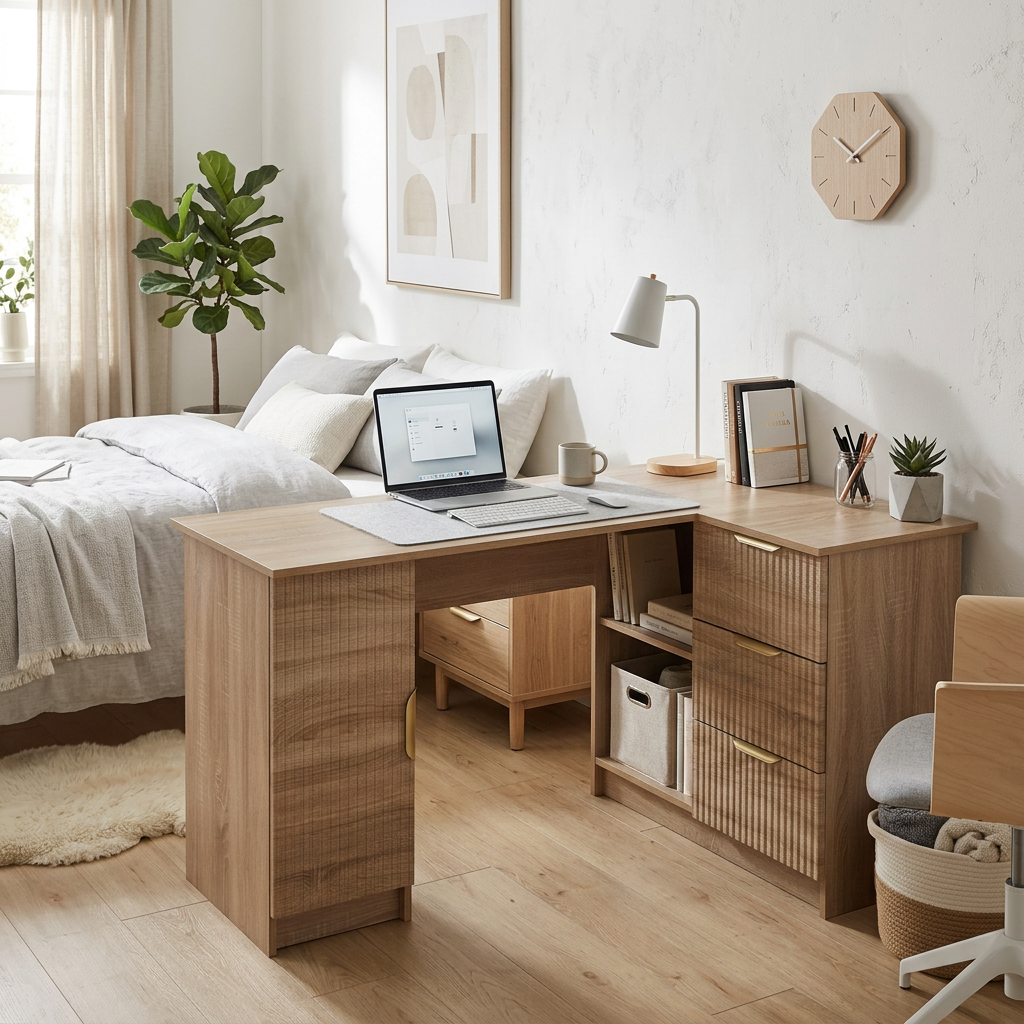 ROME CORNER DESK - NATURAL OAK - FLUTED - PULL BRASS