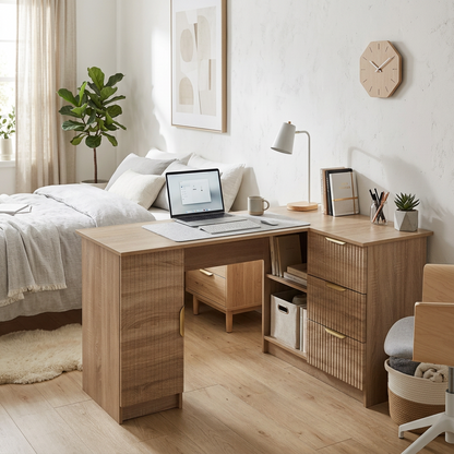 ROME CORNER DESK - NATURAL OAK - FLUTED - PULL BRASS