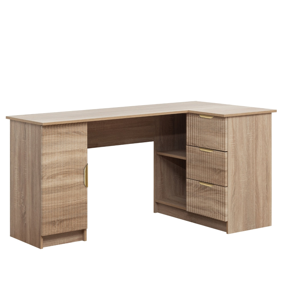 ROME CORNER DESK - NATURAL OAK - FLUTED - PULL BRASS