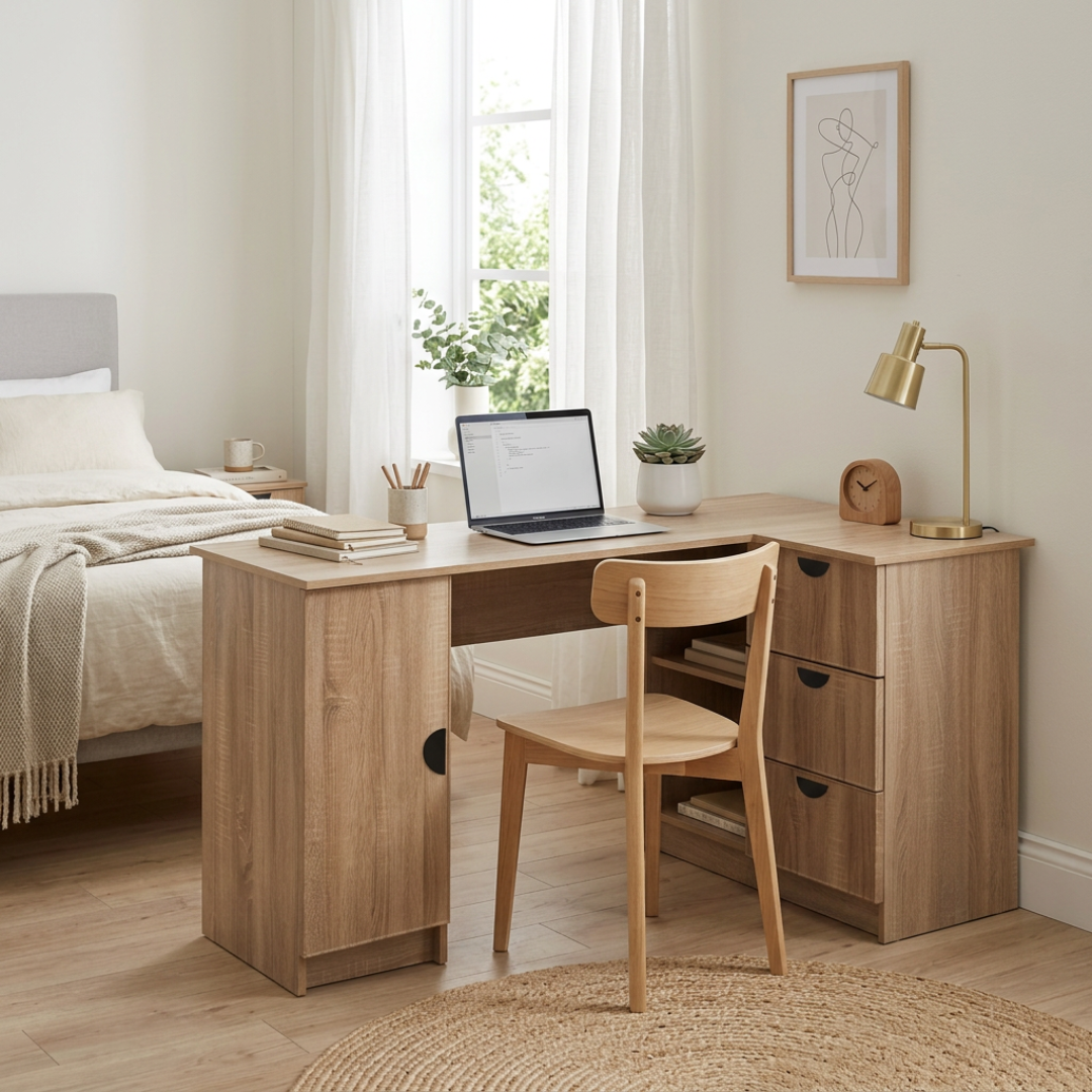 ROME CORNER DESK - NATURAL OAK - SLIM - HALF MOON BLACK