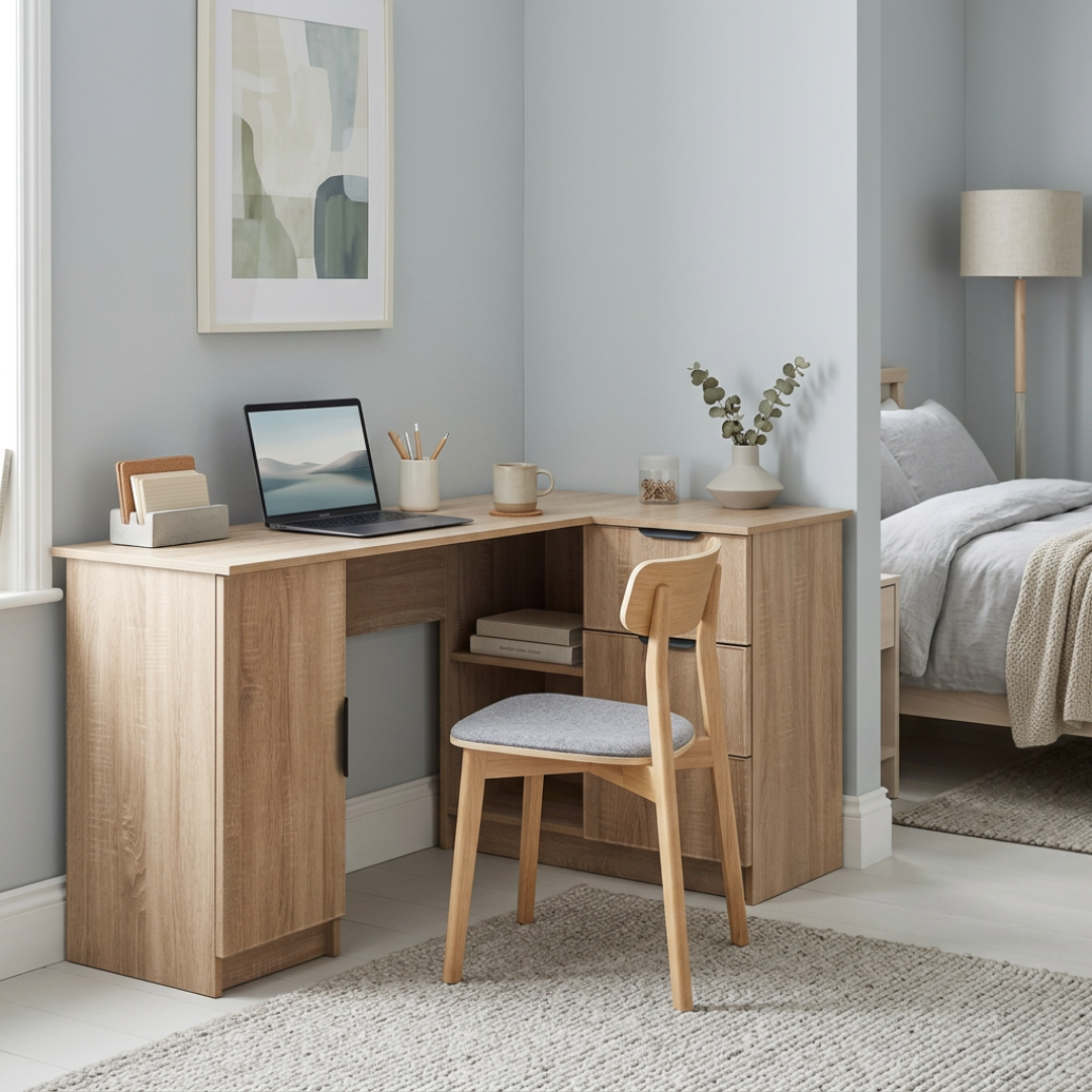 ROME CORNER DESK - NATURAL OAK - SLIM - PULL BLACK