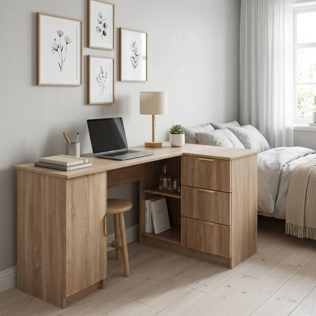 ROME CORNER DESK - NATURAL OAK - SLIM - PULL BRASS