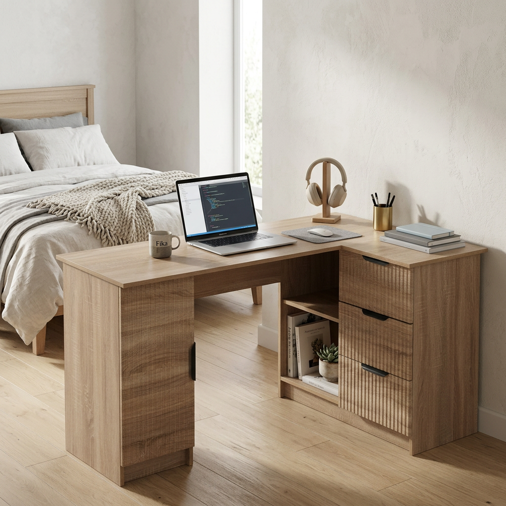 ROME CORNER DESK - NATURAL OAK - FLUTED - PULL BLACK
