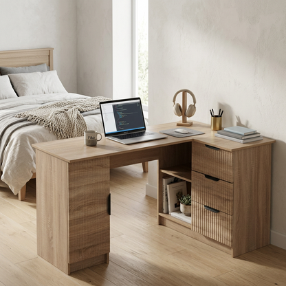 ROME CORNER DESK - NATURAL OAK - FLUTED - PULL BLACK
