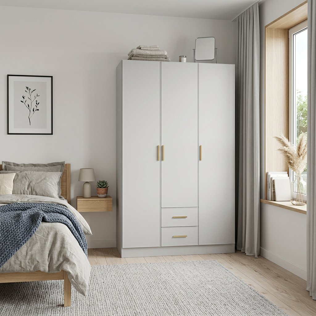 BUDAPEST THREE DOOR WARDROBE - WHITE - SLIM SHAKER - BRASS