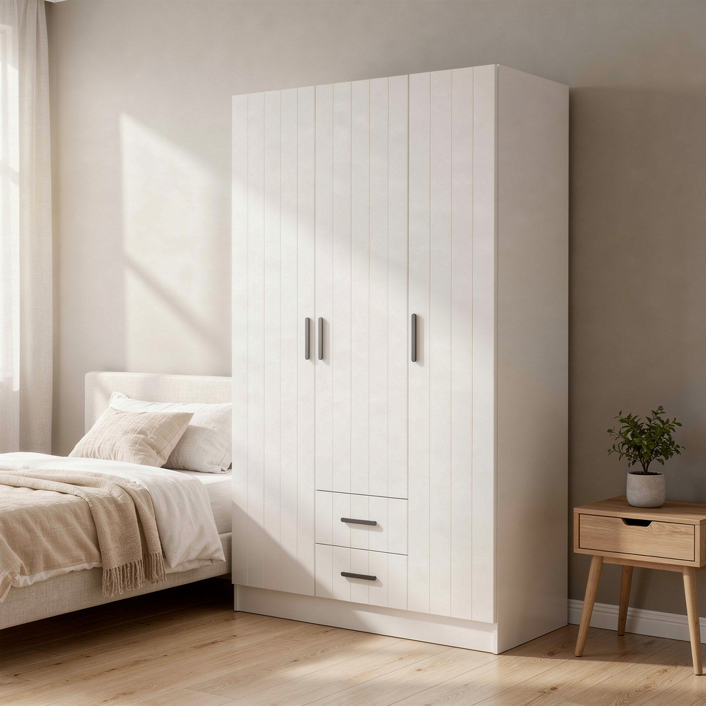 BUDAPEST THREE DOOR WARDROBE - WHITE - VJ PANEL - BLACK