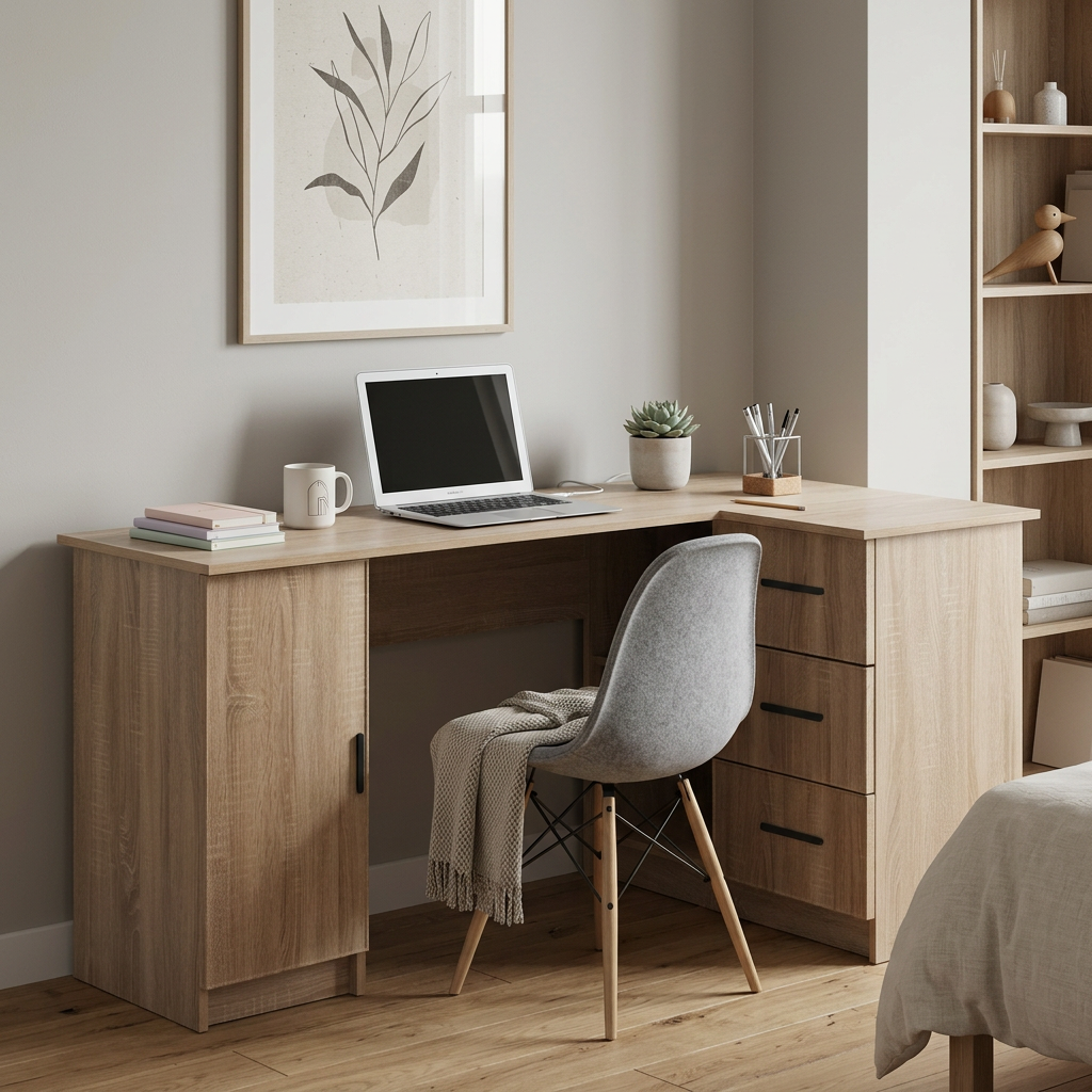 ROME CORNER DESK - NATURAL OAK - SLIM - OVAL BLACK